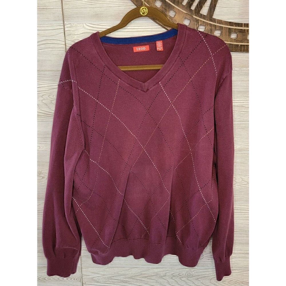 IZOD Maroon Argyle Knit Sweater Mens Sz 2XL Golf Shirt Preppy